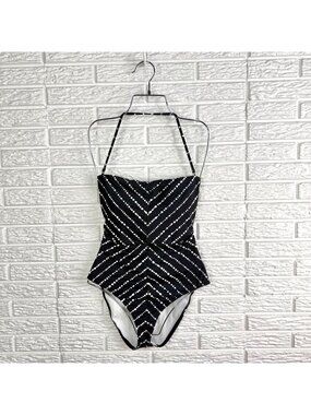 Bar III Dotted Stripe Chevron Strappy Back One Piece Swimsuit Bandeau Large NWT